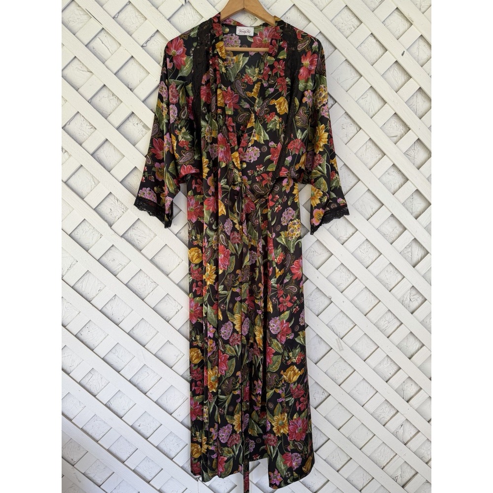 Vanity Fair Robe VTG L Satin Lace Full Length Wrap Black Pink Floral Fairycore